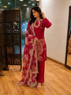 Pyusia Wine Embroidered Kurta Pant Set with Floral Dupatta