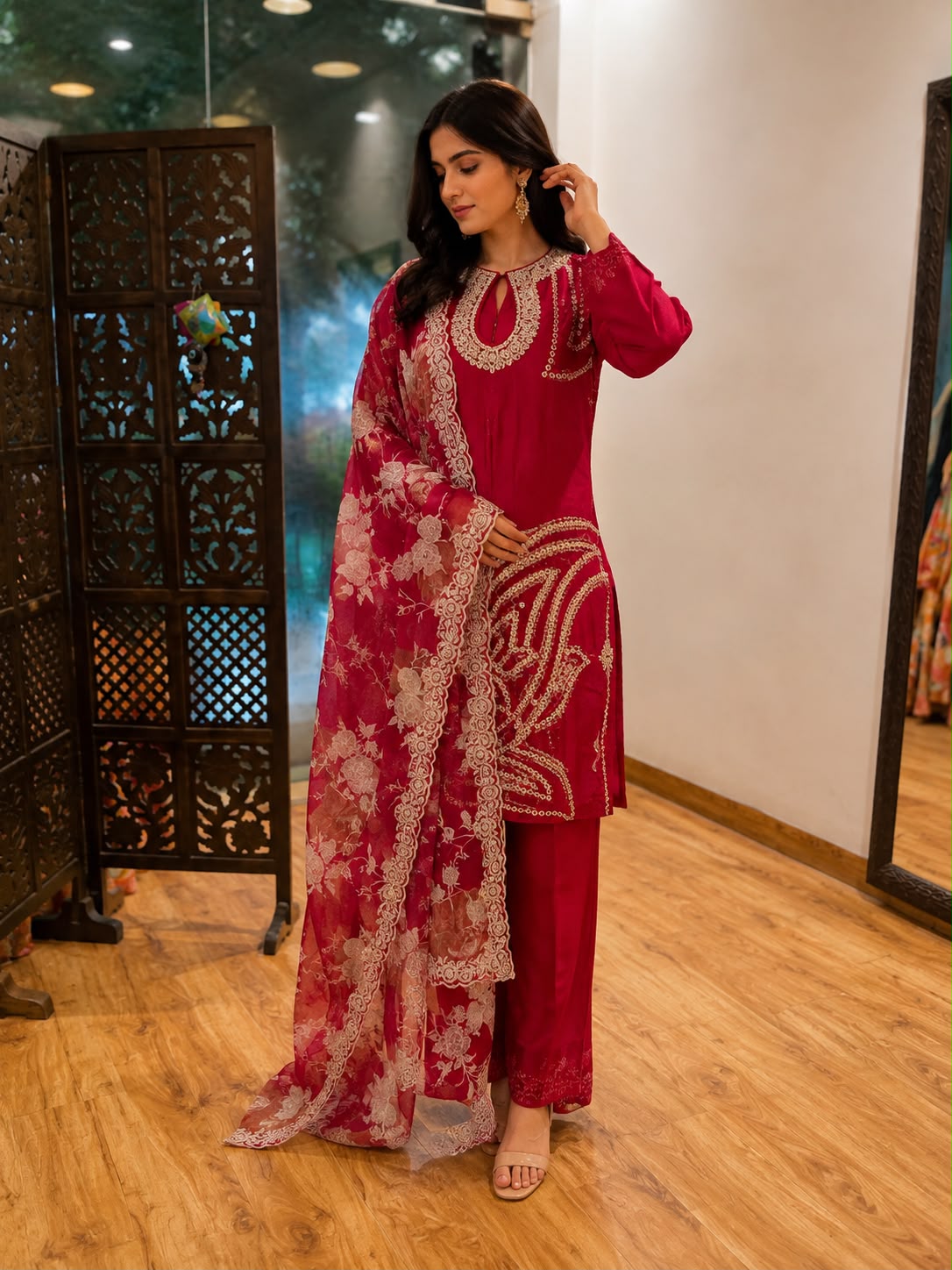 Pyusia Wine Embroidered Kurta Pant Set with Floral Dupatta