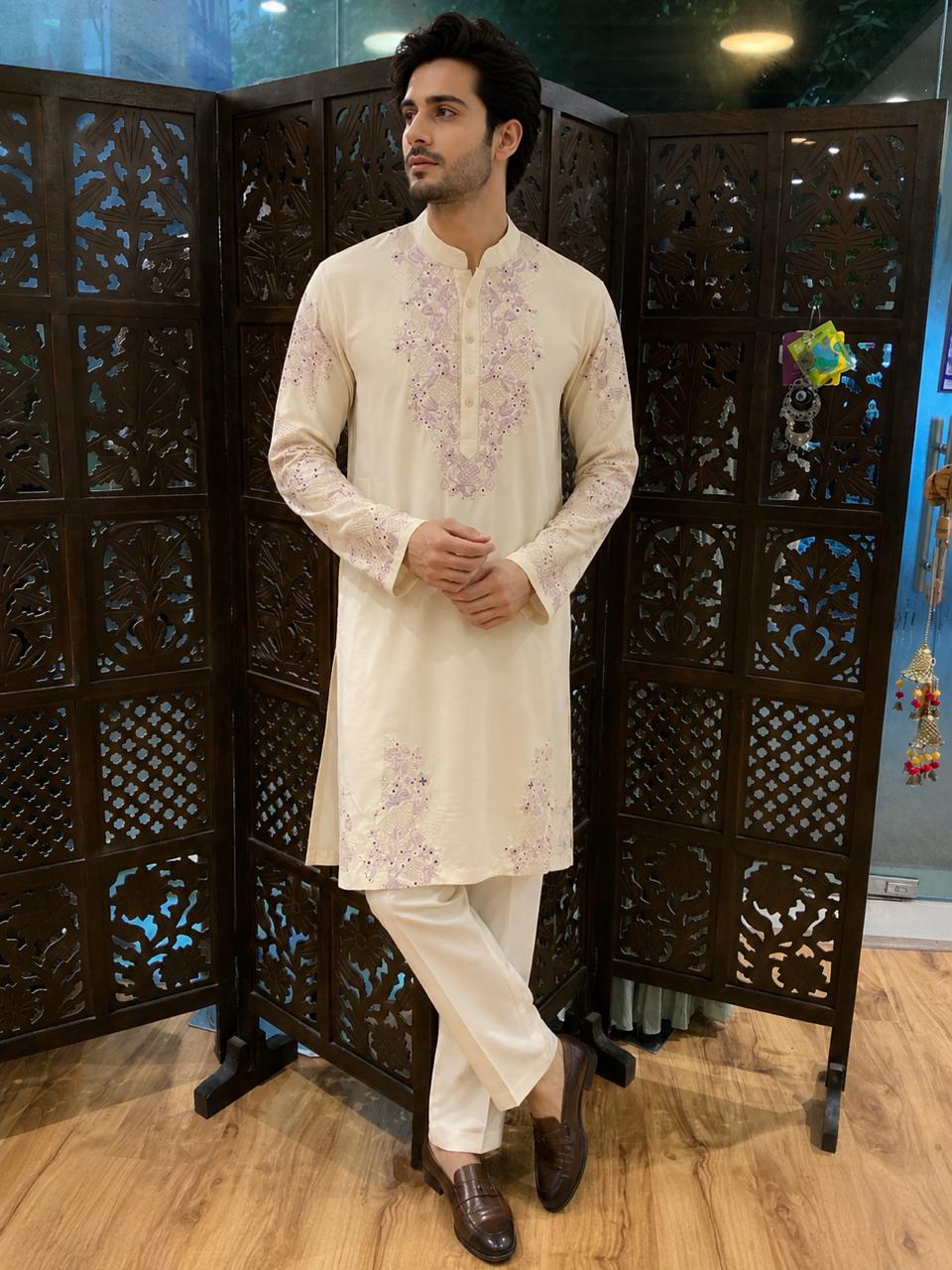 Ivory Embroidered Kurta Pajama Set for Men