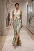Ivory Embroidered Halter Top with Sage Green Ruched Skirt