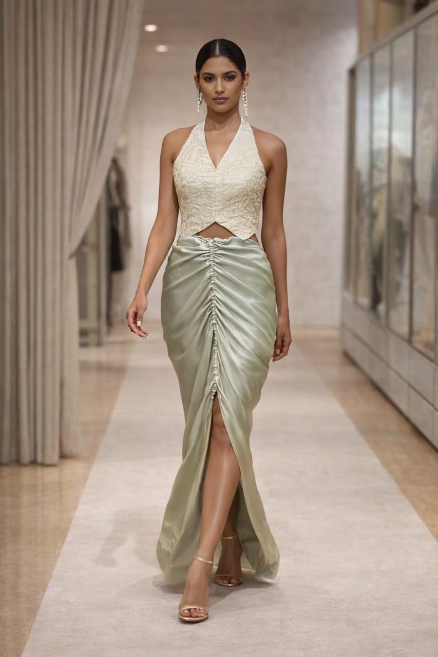 Ivory Embroidered Halter Top with Sage Green Ruched Skirt