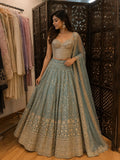 Sage Blue Embroidered Lehenga Set with Sequin Blouse & Dupatta