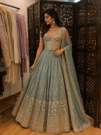 Sage Blue Embroidered Lehenga Set with Sequin Blouse & Dupatta