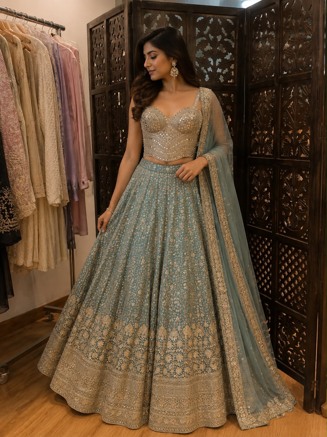 Sage Blue Embroidered Lehenga Set with Sequin Blouse & Dupatta