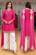Hot Pink Embroidered Kurta Palazzo Set with Long Jacket