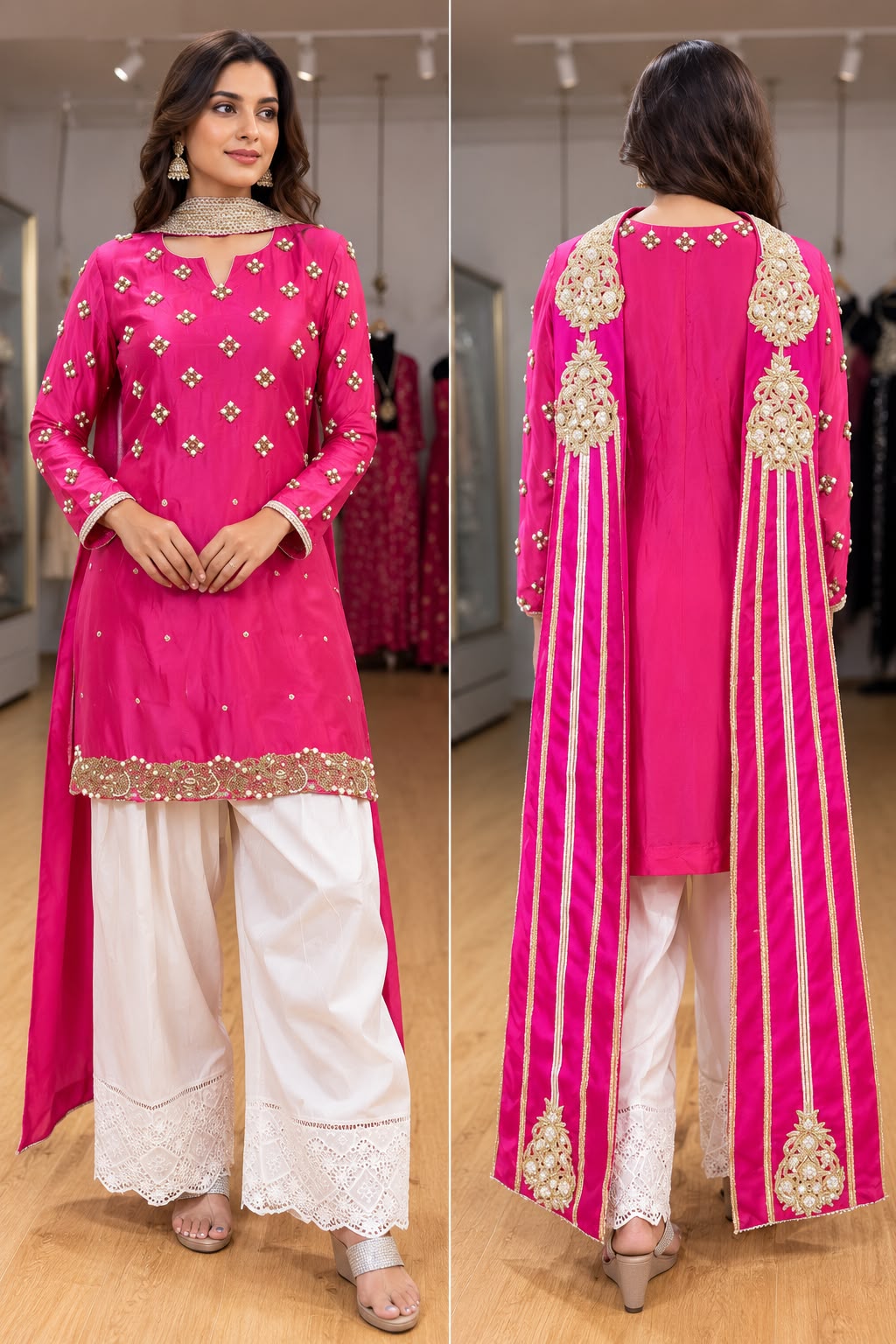 Hot Pink Embroidered Kurta Palazzo Set with Long Jacket