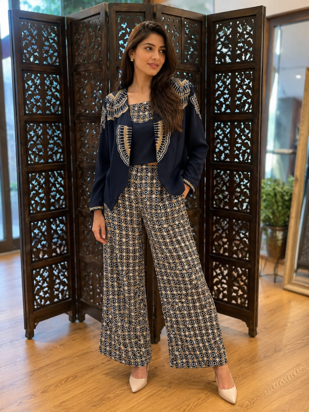 Navy Blue Printed Co-Ord Set with Embroidered Jacket