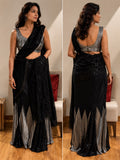 Black & Silver Sequin Pre-Draped Saree Set | Party Wear