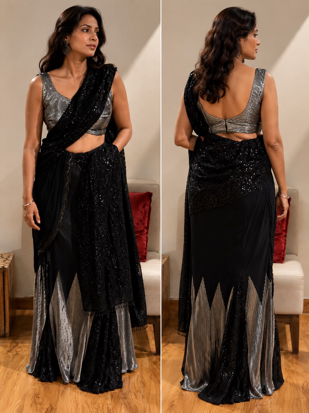 Black & Silver Sequin Pre-Draped Saree Set | Party Wear