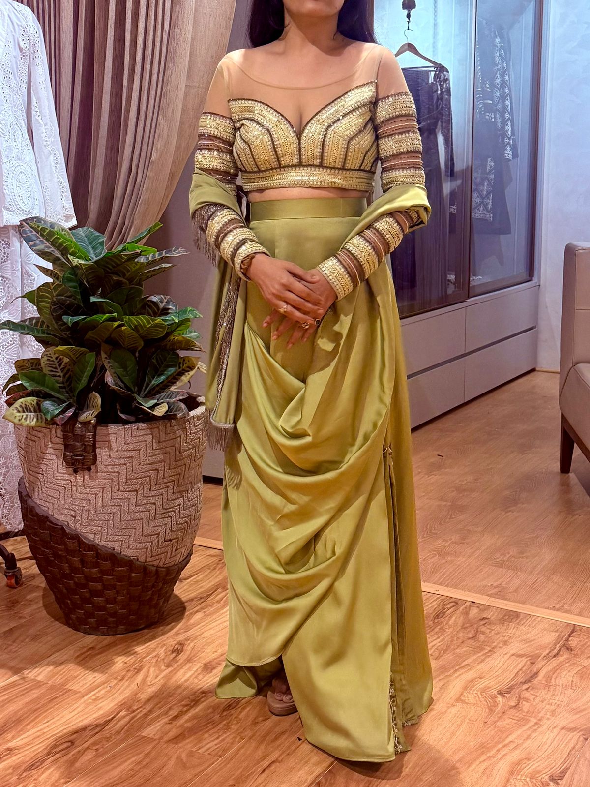 Olive Green Draped Skirt Set with Embellished Blouse