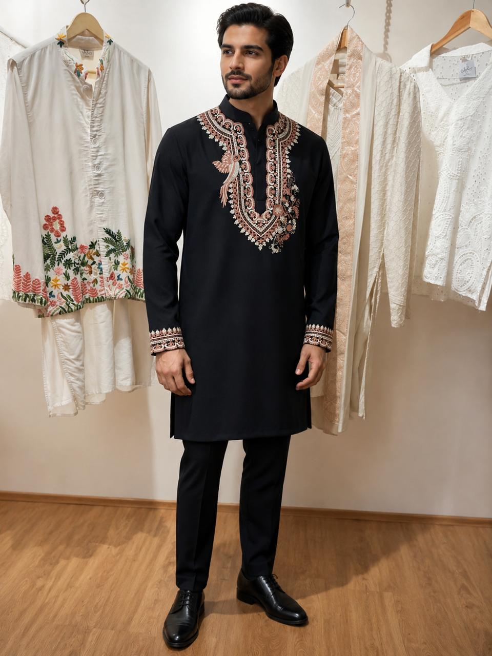 Navy Blue Embroidered Kurta Pajama Set for Men