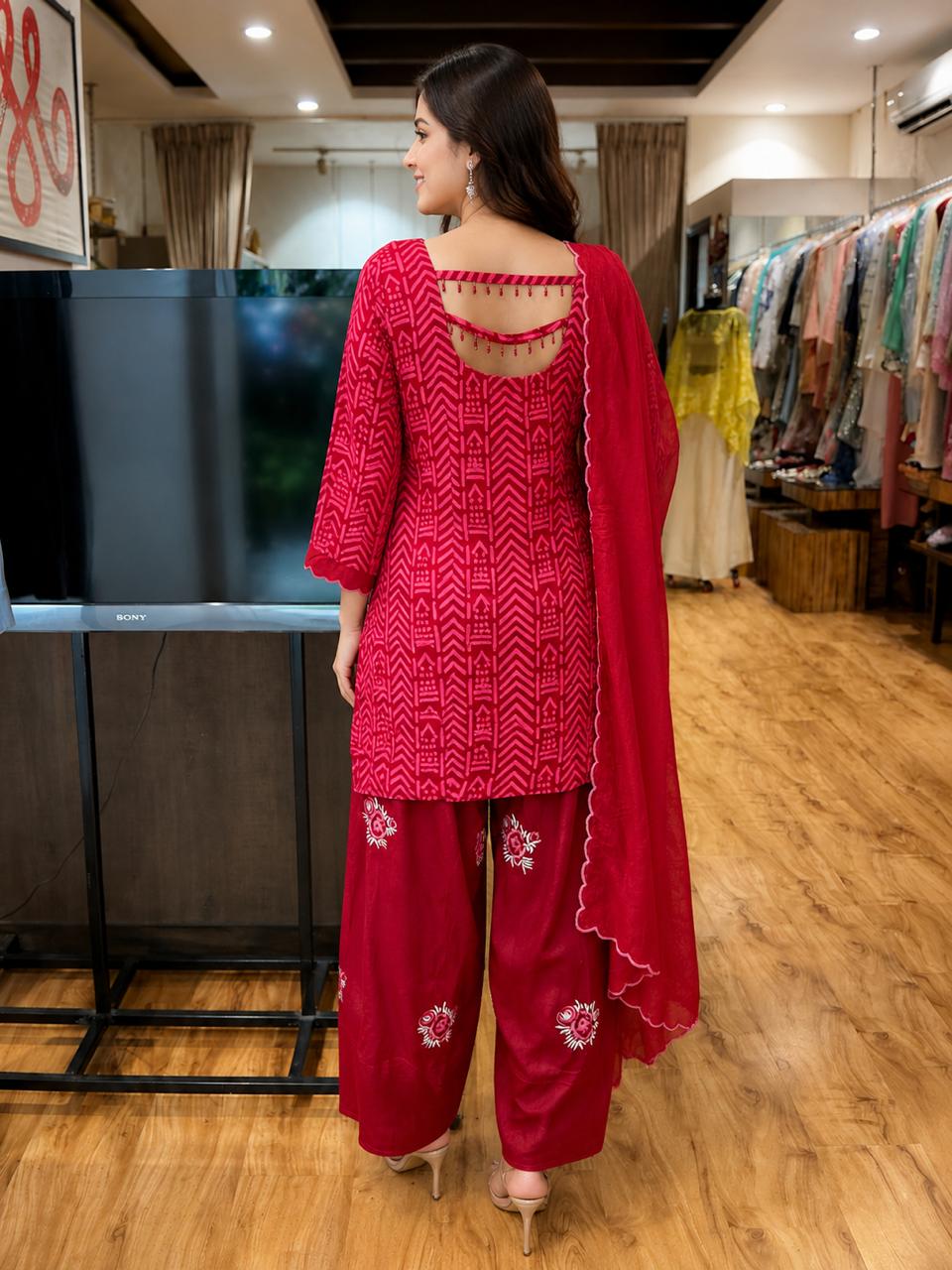 Women's Rani Pink Printed Kurta with Embroidered Patiala Salwar & Dupatta | 3-Piece Suit Set