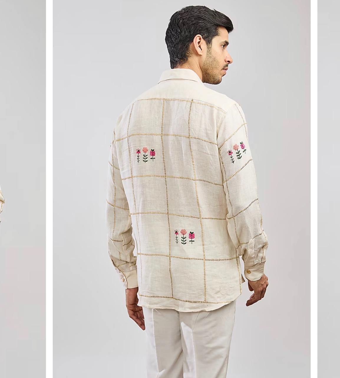 Men's Ivory Floral Embroidered Linen Shirt
