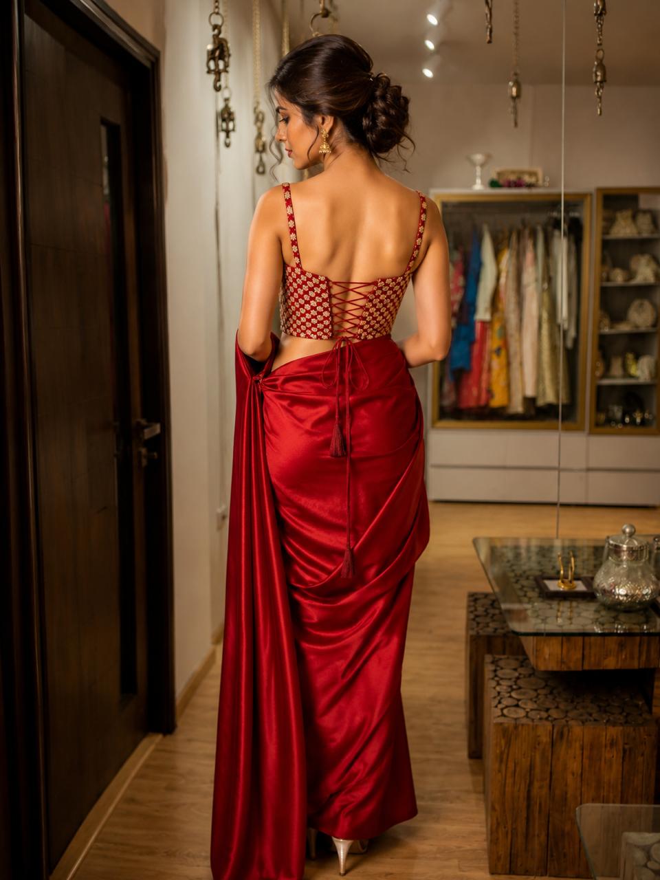 Wine Draped Saree with Embellished Corset Blouse