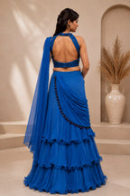 Women's Royal Blue Embellished Ruffle Saree with Sequined Blouse