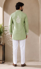 Men's Sage Green Embroidered Ethnic Kurta