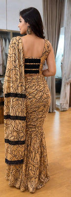Champagne Gold Sequin Pre-Draped Saree with Black Embellished Blouse