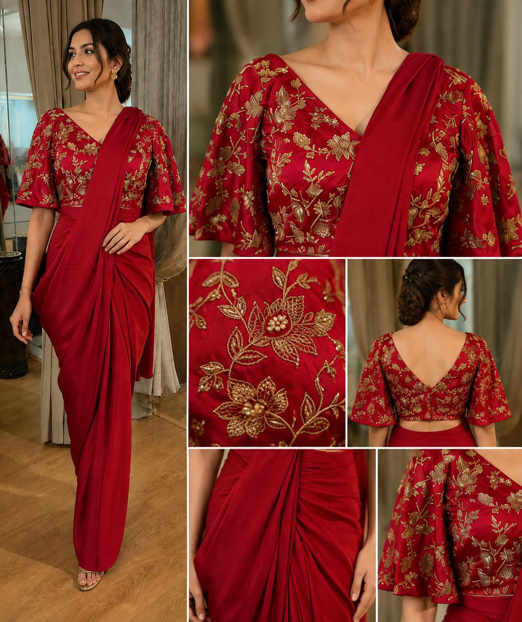 Wine Embroidered Drape Saree with Floral Blouse