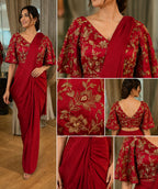 Wine Embroidered Drape Saree with Floral Blouse
