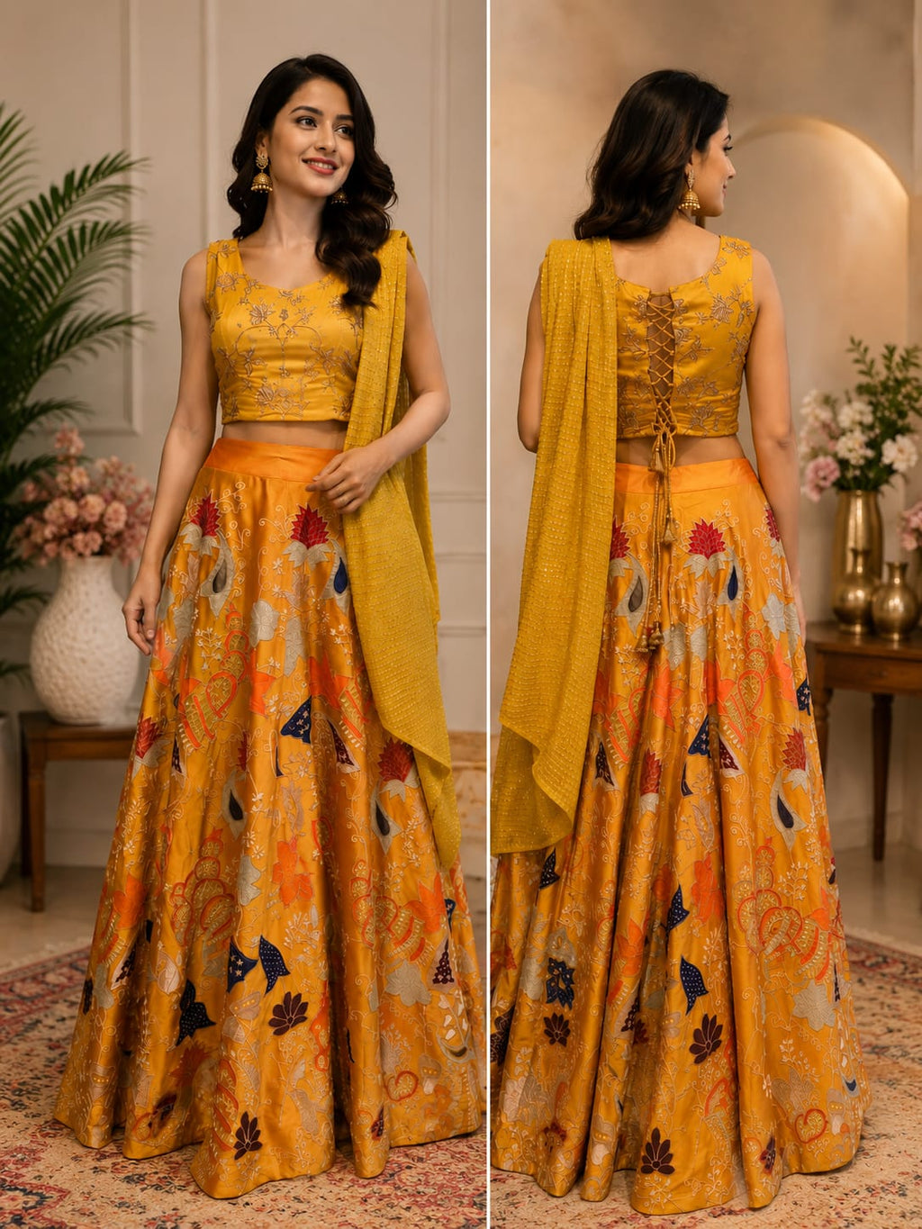 Mustard Yellow Embroidered Crop Top with Printed Lehenga & Dupatta