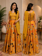 Mustard Yellow Embroidered Crop Top with Printed Lehenga & Dupatta