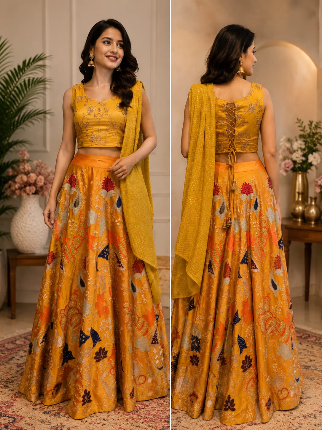 Mustard Yellow Embroidered Crop Top with Printed Lehenga & Dupatta