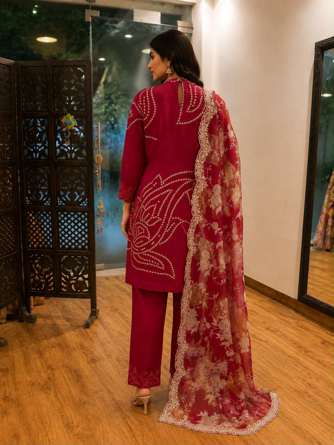 Pyusia Wine Embroidered Kurta Pant Set with Floral Dupatta