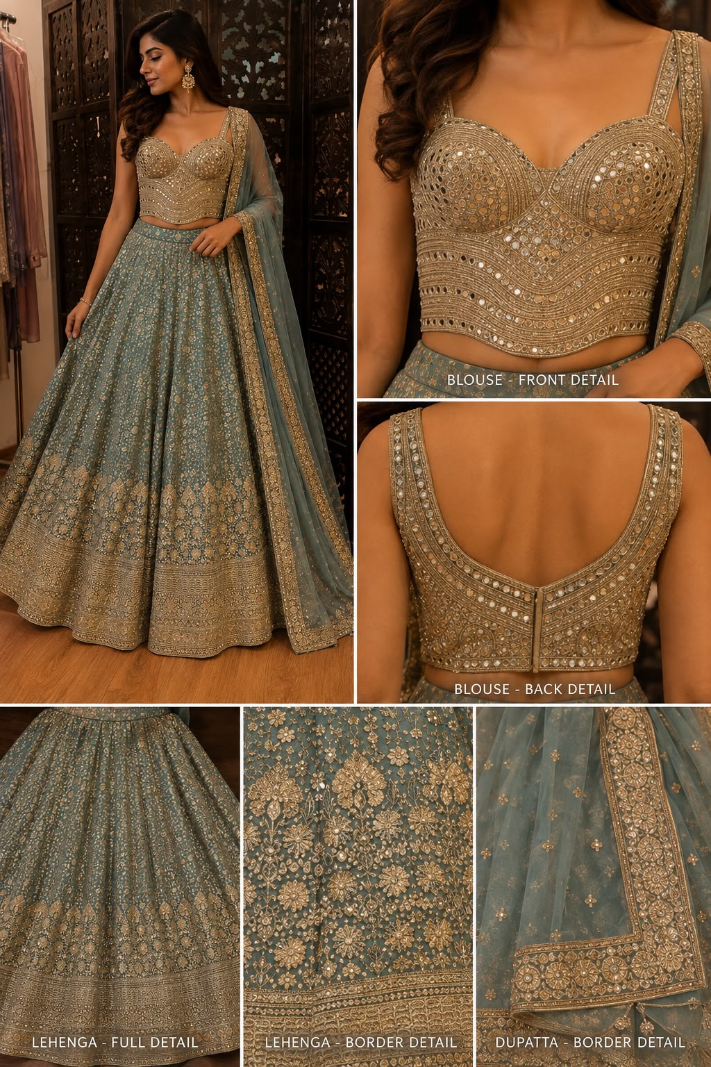 Sage Blue Embroidered Lehenga Set with Sequin Blouse & Dupatta