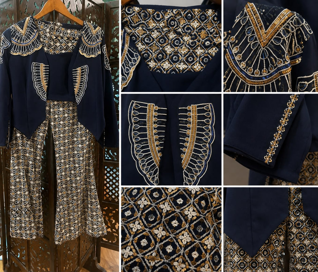 Navy Blue Printed Co-Ord Set with Embroidered Jacket