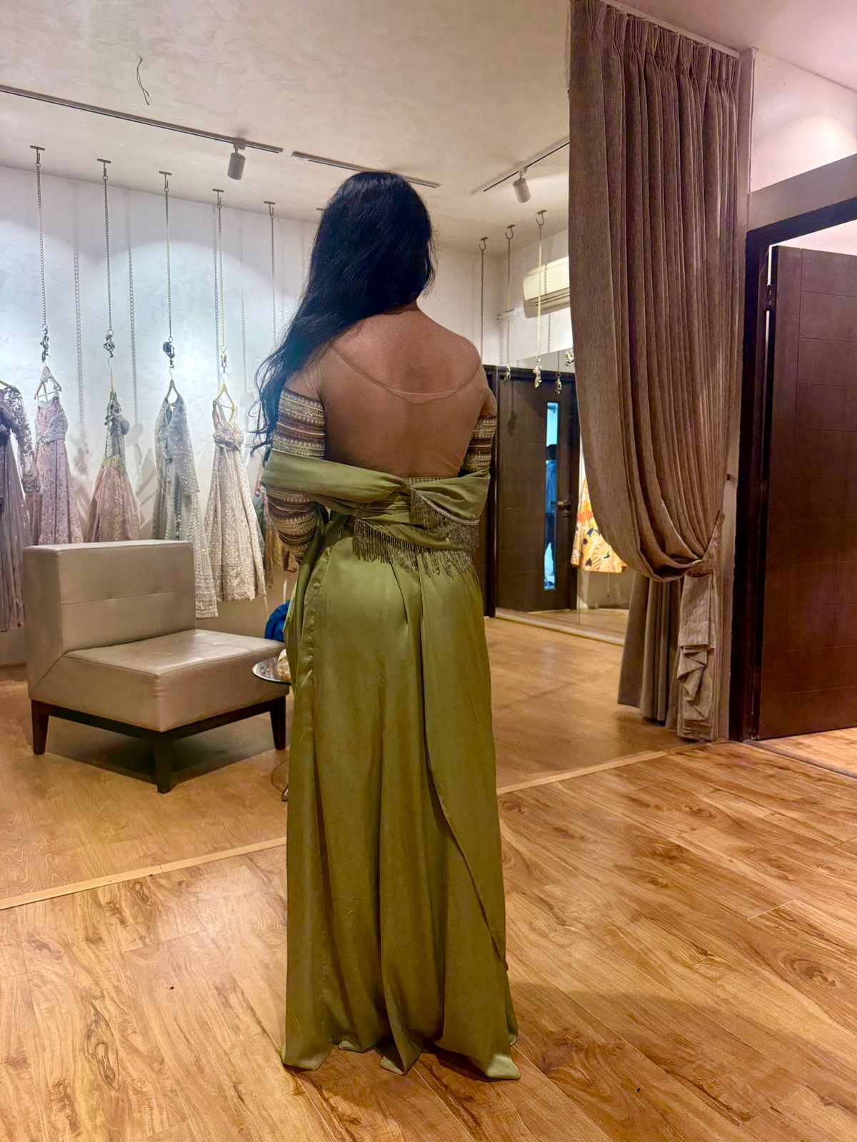 Olive Green Draped Skirt Set with Embellished Blouse