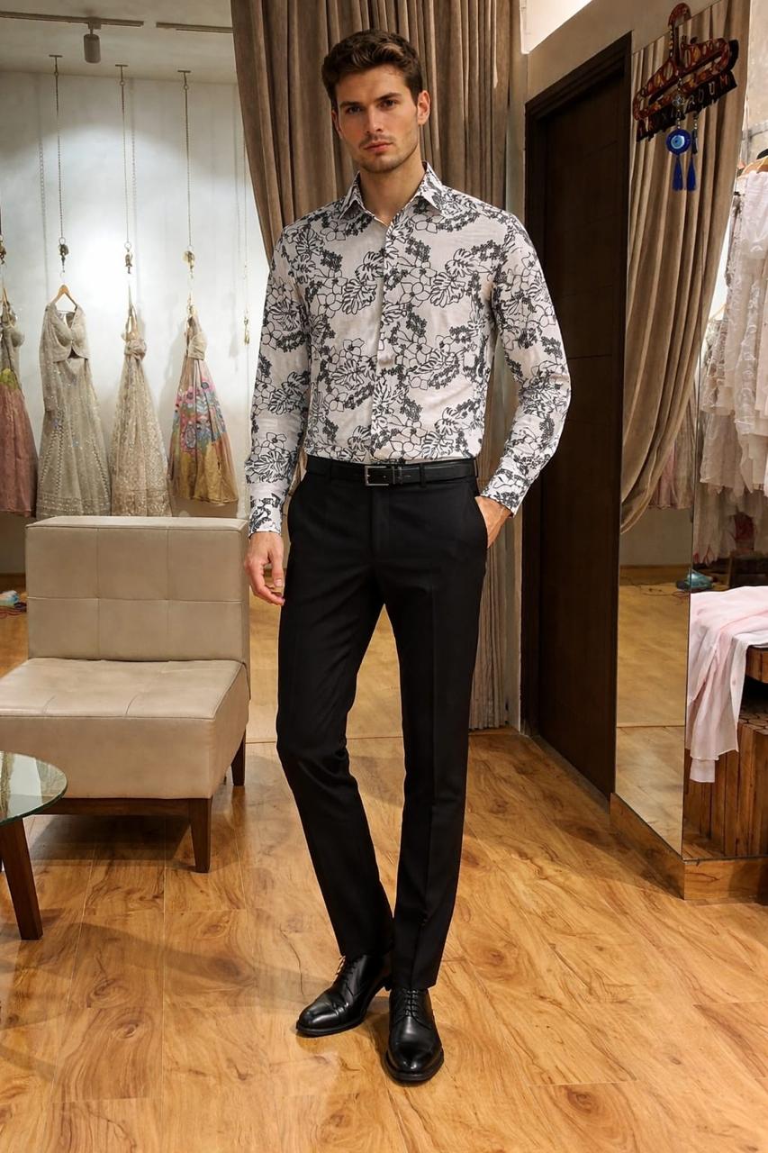 Men's White Floral Printed Full Sleeve Shirt