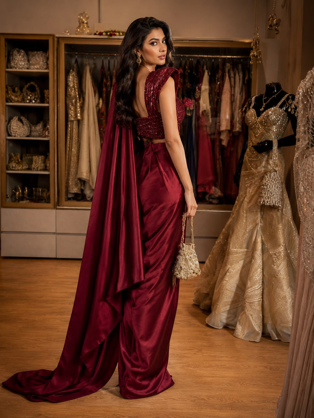 Wine Sequined Structured Blouse Drape Saree Set