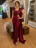 Wine Sequined Structured Blouse Drape Saree Set