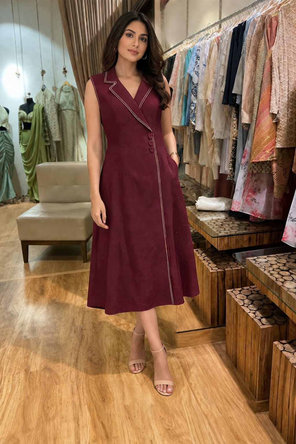 Women's Brown Sleeveless Wrap Midi Dress
