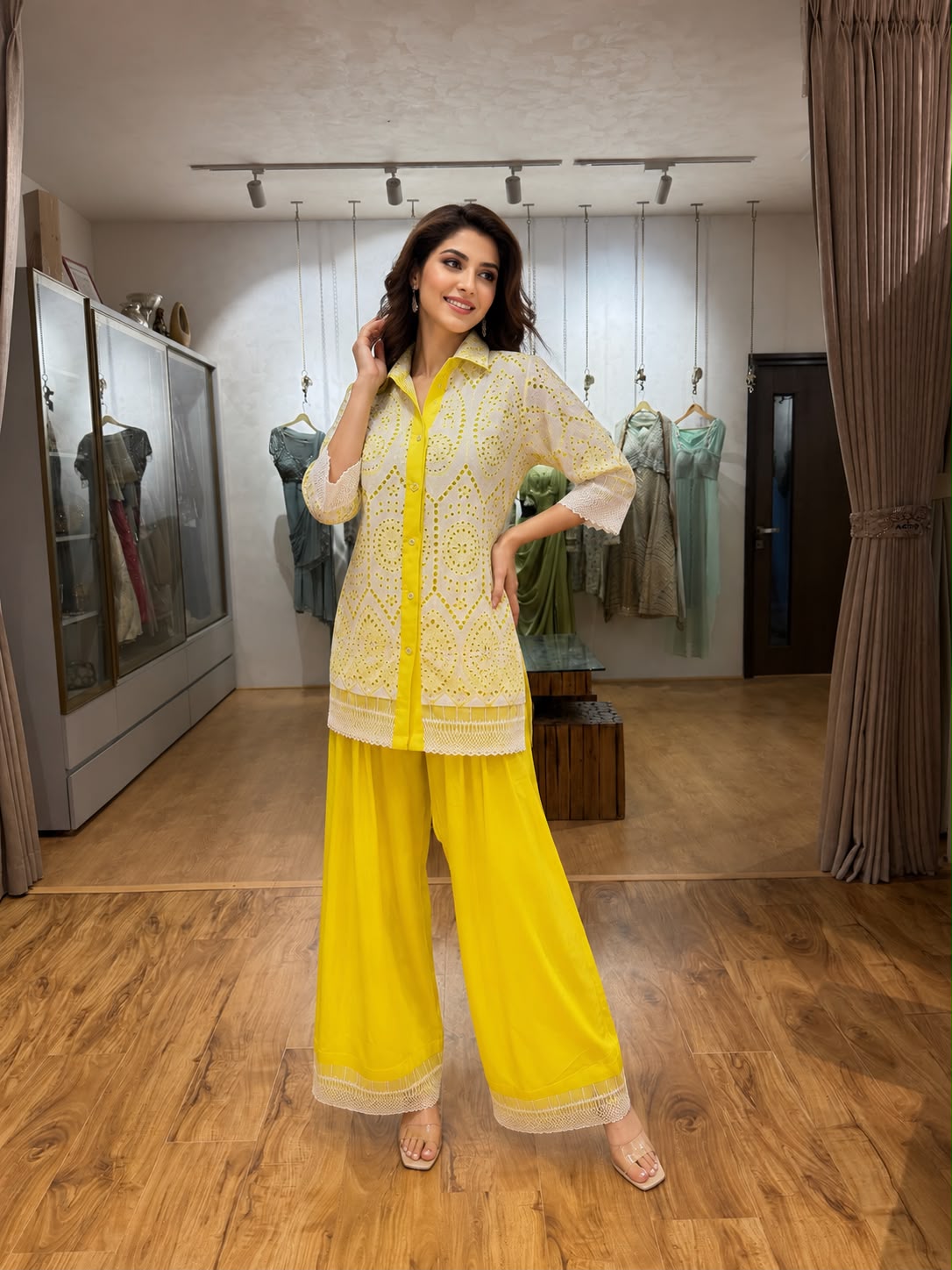 Yellow Embroidered Shirt & Wide-Leg Co-ord Set