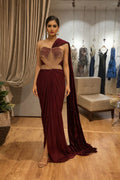 Burgundy Embellished One-Shoulder Drape Gown
