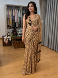 Champagne Gold Sequin Pre-Draped Saree with Black Embellished Blouse